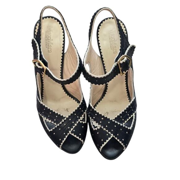 Max Mara Y2K Black White Leather Peep Toe Heels Size 37 Mary Jane Stiletto - Picture 5 of 8